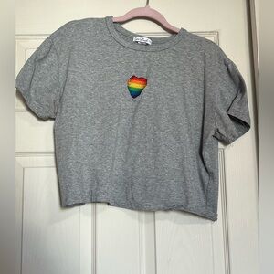 Rainbow Pride Heart Embroidered Grey Crop Top XL
